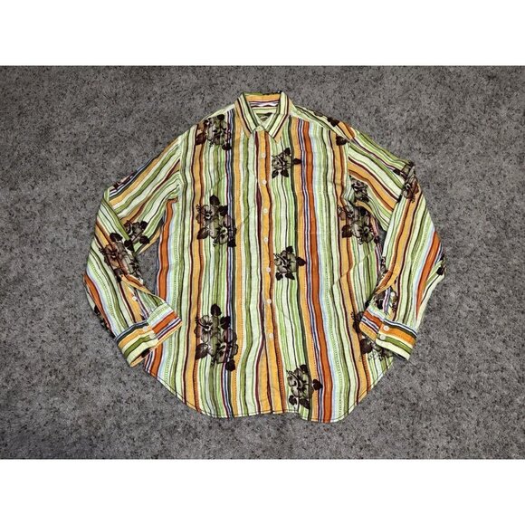 TOMMY BAHAMA Relax LINEN Long Sleeve Button Shirt Hawaiian Stripe Floral LARGE T - Picture 1 of 8